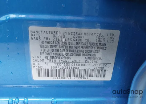 2020 Nissan Sentra Sv Xtronic Cvt z USA, uszkodzony, nr VIN 3N1AB8CV1LY220345